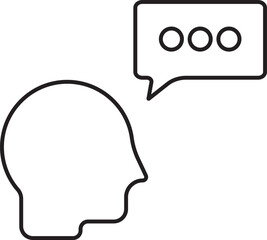 Outline illustration of a human head in profile with a speech bubble containing three dots, symbolizing thought, communication, or processing.
