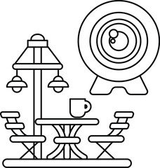 A black and white drawing of a patio with a table and chairs, a lamp