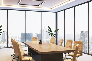 Modern empty conference room with large windows and city view, featuring elegant chairs, wood table, and creative interior design. 3D Rendering