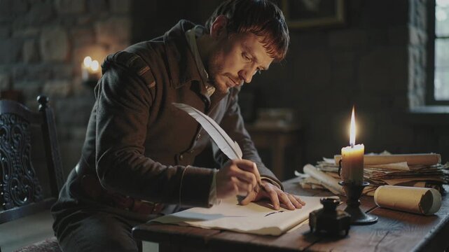 Man studies history at antique wooden table in a dimly lit room, writing with quill and ink by candlelight.