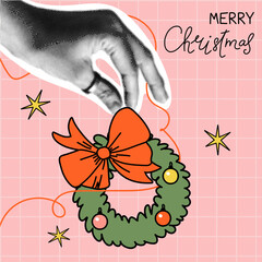 Christmas card. Halftone collage hand hold coniferous wreath, xmas symbol. Winter holidays banner vintage design. Retro newspaper pop art. Arm gesture. Social media post. Vector isolated illustration