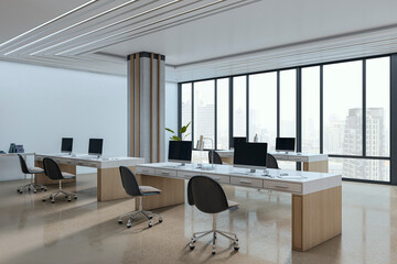 Modern empty office interior with large windows and cityscape view in daylight, featuring sleek desks and chairs in a creative workspace setup. 3D Rendering
