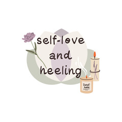 Self love and heeling. Aromatherapy with candles diffuser. Card, emblem and poster. Relaxation, meditation and yoga. Vector cartoon flat isolated illustration