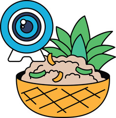 A bowl of food with a camera in the background