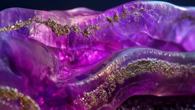 Abstract Amethyst Geode Formation Close-Up with Gold Veins and Glossy Finish, showcasing vibrant