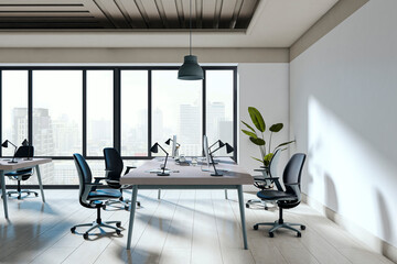 Modern open plan office interior with workstations, ergonomic chairs, and large windows overlooking cityscape in bright daylight. 3D Rendering