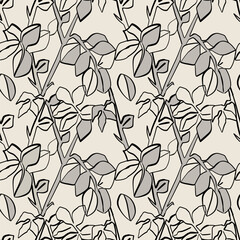 Flower minimal seamless pattern. Hand drawn line flowers and branches with leaves. Herbal and meadow plants. Decor textile, wrapping paper, wallpaper. Print for fabric. Vector botanical background