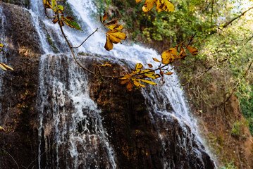 Scenic waterfall cascading through rocks at Monasterio de Piedra, Spain