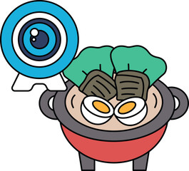 A black and white drawing of a pot of food with a camera in the background