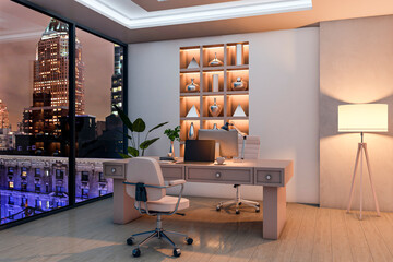 Modern corporate office interior with large windows overlooking city skyline at night, featuring stylish furniture and decorative shelving. 3D Rendering