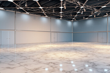 Modern empty exhibit room interior with marble floor, steel lighting ceiling, and minimal design in a large showroom space background. 3D Rendering