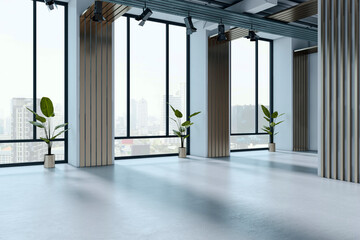 Naklejka premium Empty modern interior room with large windows and city view in background, featuring minimal design and natural light indoors. 3D Rendering