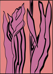 Flower minimal posters. Hand drawn line flowers and branches with leaves. Herbal and meadow plants, iris or lily modern wall art composition floral decor, pink colors. Vector botanical illustration