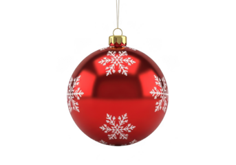 A single, shiny red christmas ornament adorned with white snowflake patterns, hanging from a thin gold string, isolated on transparent background
