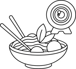 A bowl of noodles with chopsticks and a camera