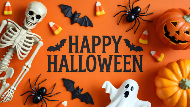 Spooky festive Halloween flat lay with skeleton pumpkins candy corn and playful ghosts - Powered by Adobe