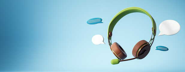 Headset with speech bubbles floating on blue gradient background representing communication and...