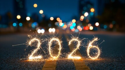 Naklejka premium happy new year, new year's eve, celebration holiday winter party event celebration greeting card - year 2026 sparkler font on street