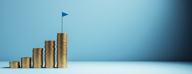 Stacked gold coins forming upward staircase with small blue flag on top, symbolizing savings growth...
