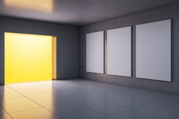 Modern corridor interior with three blank vertical posters on wall and bright yellow doorway as creative presentation background concept. 3D Rendering