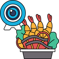 A black and white drawing of a camera with a view of a bowl of food