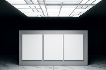 Blank vertical canvases displayed on a modern wall panel in an empty gallery room with geometric...