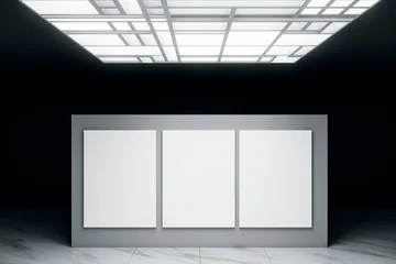 Fotobehang Muziek Blank vertical canvases displayed on a modern wall panel in an empty gallery room with geometric ceiling lights above for presentation concept. 3D Rendering  © Who is Danny