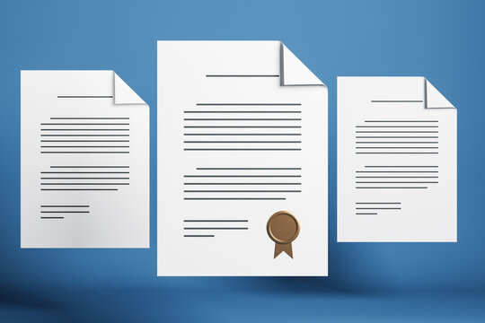 Official documents with certification seal floating on blue background representing digital document management and workflow system concept. 3D Rendering - Powered by Adobe