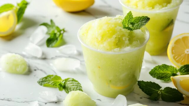 Refreshing lemon slush garnished with mint on marble countertop