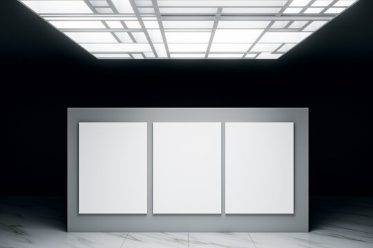 Fototapeta Blank vertical canvases displayed on a modern wall panel in an empty gallery room with geometric ceiling lights above for presentation concept. 3D Rendering