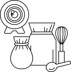 A black and white drawing of a kitchen with a camera, a bowl, a whisk, and a bag