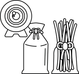 A black and white drawing of a target with a bow and arrow on it