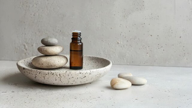 Small glass bottle and stacked stones on stone plate, signifying relaxation natural wellness