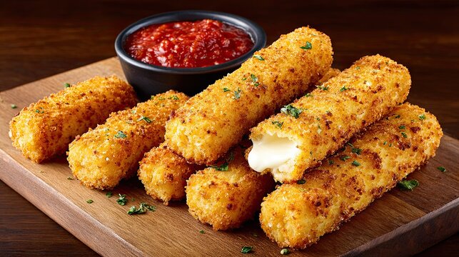 Crispy fried mozzarella cheese sticks served on wooden board with parsley and marinara dipping sauce