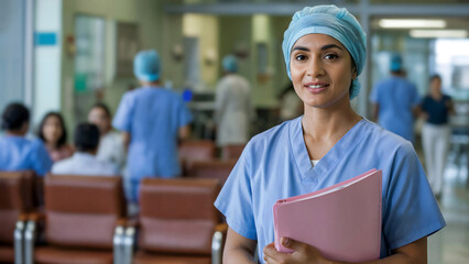 Confident female medical professional smiles ready to help in busy hospital corridor setting