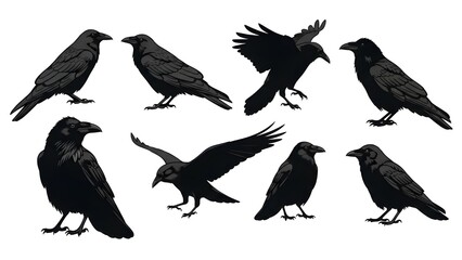 Vector drawing black ravens, crows, dark birds isolated on white background