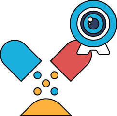 A black and white drawing of a pill with a camera lens on top of it