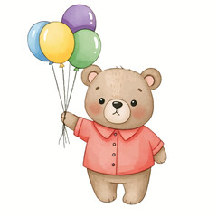 Cute brown teddy bear cartoon toy with heart-shaped balloons illustration for baby birthday celebration gift