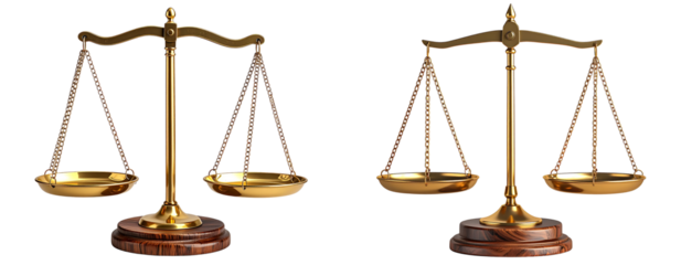 Scales of Justice on Wooden Base, Front View, isolated on transparent background