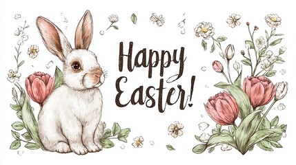 Cute Easter bunny with tulips and floral frame on white background with Happy Easter greeting card text
