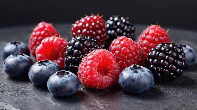 Fresh Assorted Berries with Raspberries, Blueberries and Blackberries on Dark Background