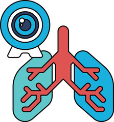 A black and white drawing of a camera lens and a pair of lungs
