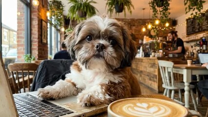ugly small dog - A charming dog sits at a rustic café table, curiously peering at a laptop, while a beautifully crafted latte rests nearby, surrounded by lush plants and warm decor