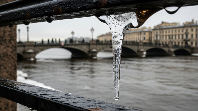 Icicle dripping from railing with river and bridge in winter - Powered by Adobe