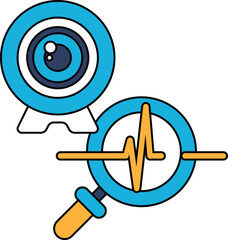 A camera lens and a heart monitor are shown in a black and white drawing