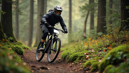 Man rides mountain bike on dirt path in dense forest. Cyclist wears helmet goggles and protective gear. Woods trail surrounded by trees green moss and small yellow flowers.