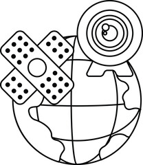 A drawing of a globe with a camera on it and a bandage on the globe