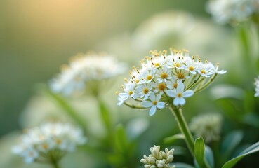 Close up photo shows delicate white flowers in bloom with yellow centers. Green leaves provide a soft blurred background. Floral plants grow in a garden during spring.