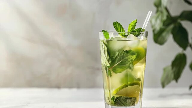 Refreshing mojito cocktail with mint leaves, lime, ice, and straw on white table