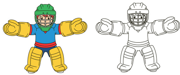 Cute cartoon hockey goalkeeper boy in protective gear Vector illustration of kid goalie